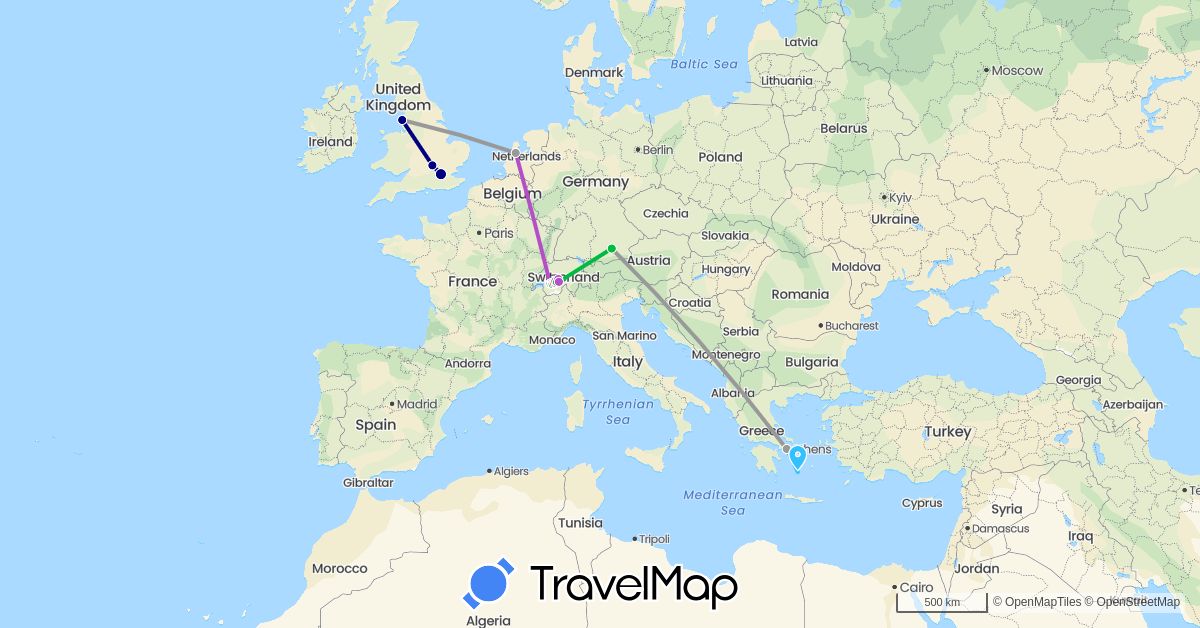 TravelMap itinerary: driving, bus, plane, train, hiking, boat in Switzerland, Germany, United Kingdom, Greece, Netherlands (Europe)